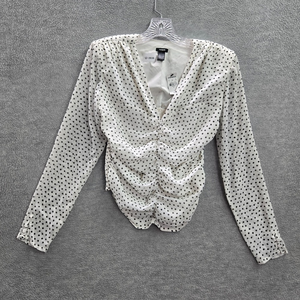 Express Women Top Small White Polka Dots Ruched Long Sleeve Cropped NWT